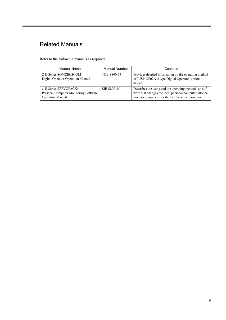 Related manuals | Yaskawa Sigma II Series DC Power Input SGMAJ User Manual | Page 5 / 334