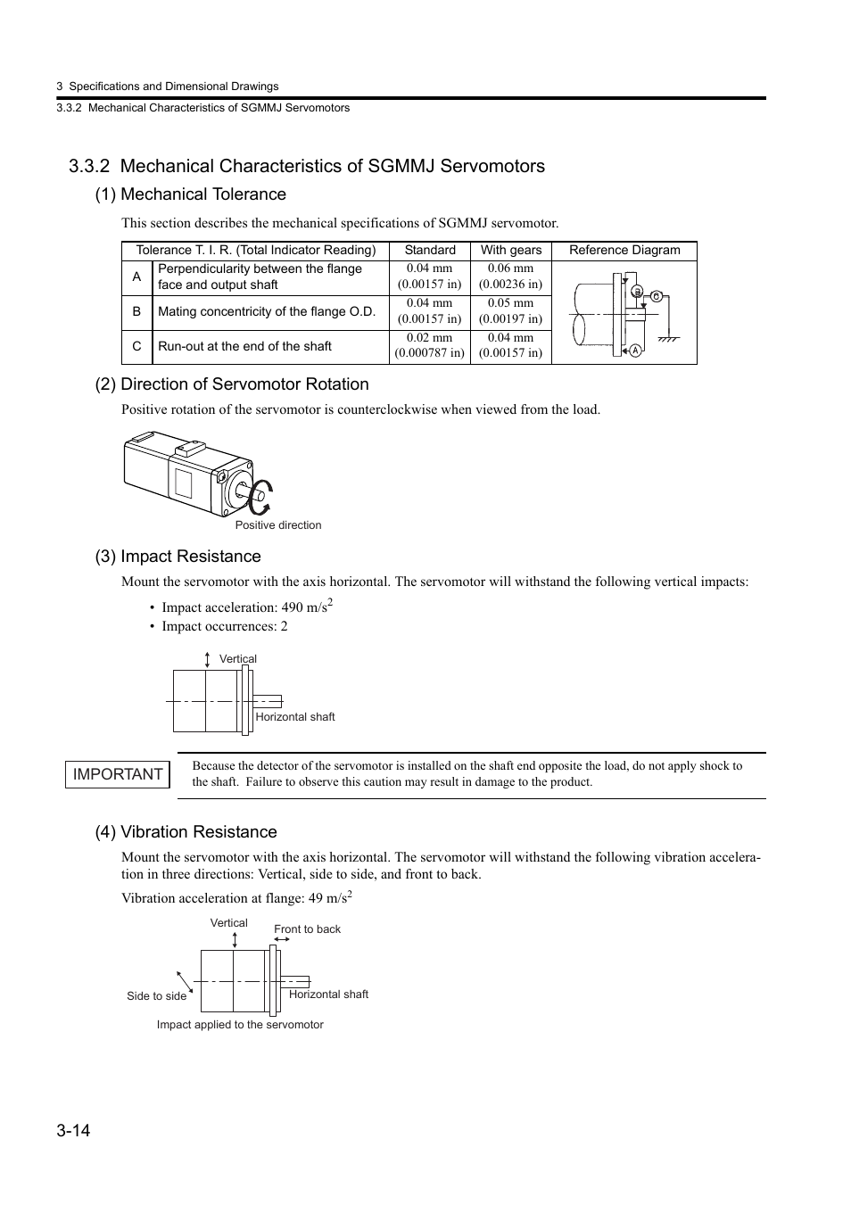 2 mechanical characteristics of sgmmj servomotors, 1) mechanical tolerance, 2) direction of servomotor rotation | 3) impact resistance, 4) vibration resistance | Yaskawa Sigma II Series DC Power Input SGMAJ User Manual | Page 55 / 334