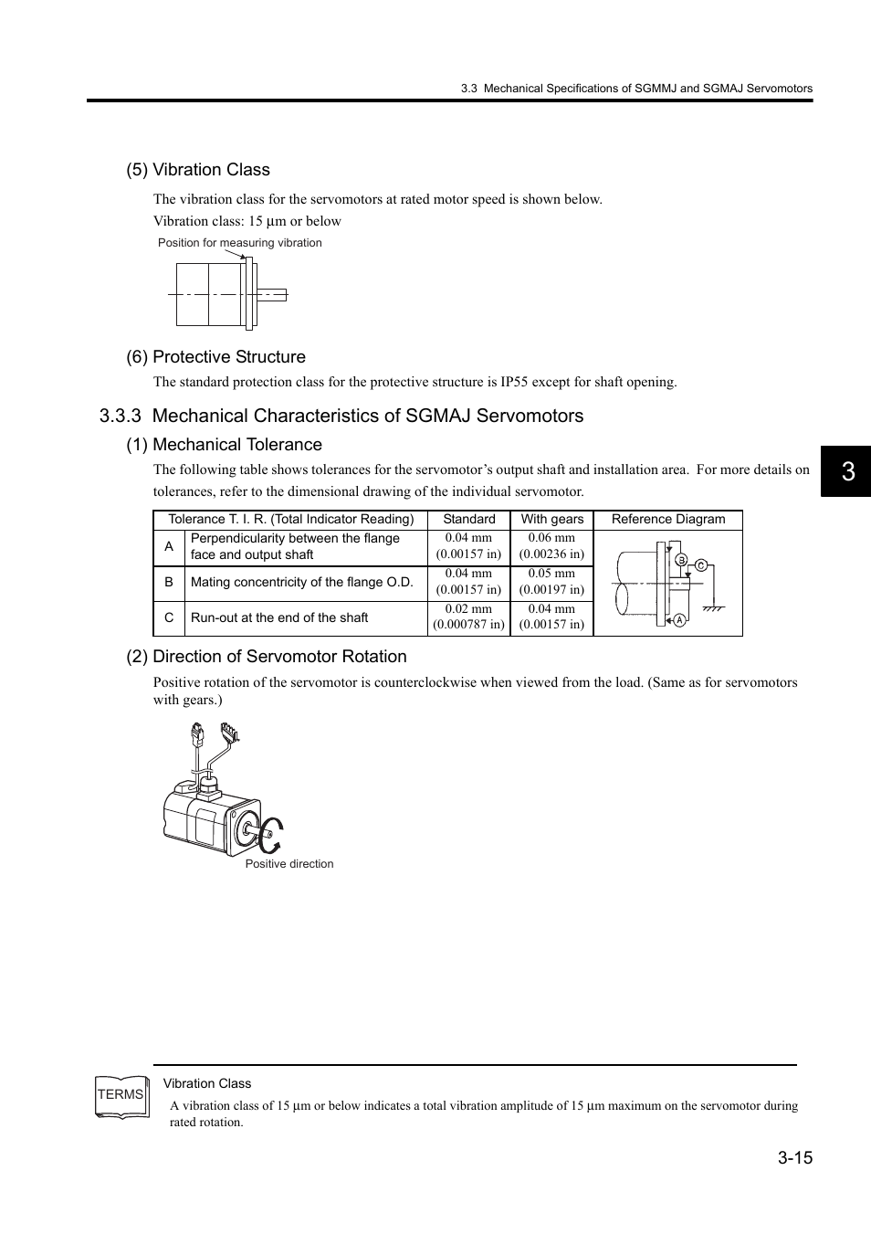 3 mechanical characteristics of sgmaj servomotors, 5) vibration class, 6) protective structure | 1) mechanical tolerance, 2) direction of servomotor rotation | Yaskawa Sigma II Series DC Power Input SGMAJ User Manual | Page 56 / 334
