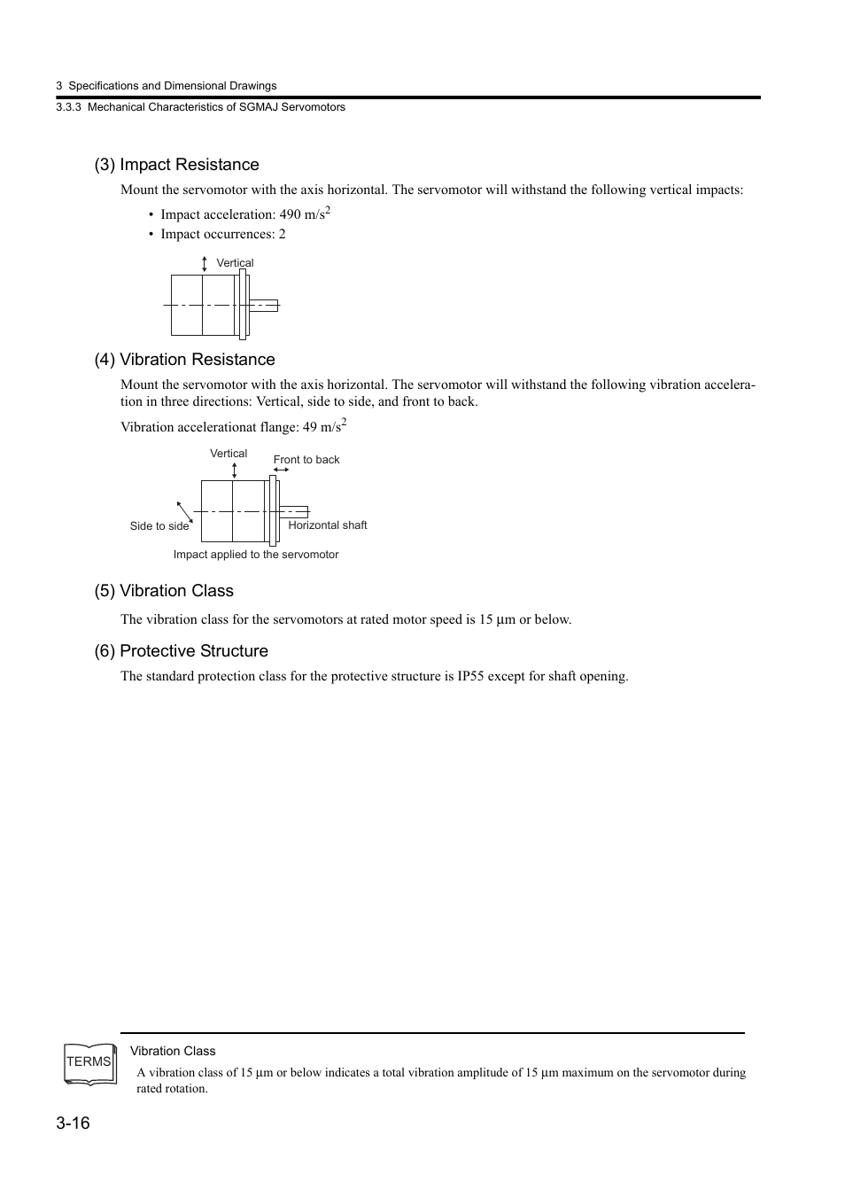 16 (3) impact resistance, 4) vibration resistance, 5) vibration class | 6) protective structure | Yaskawa Sigma II Series DC Power Input SGMAJ User Manual | Page 57 / 334