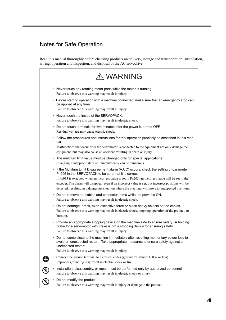 Notes for safe operation, Warning | Yaskawa Sigma II Series DC Power Input SGMAJ User Manual | Page 7 / 334