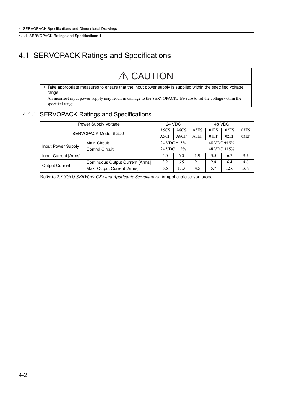 1 servopack ratings and specifications, 1 servopack ratings and specifications 1, Caution | Yaskawa Sigma II Series DC Power Input SGMAJ User Manual | Page 86 / 334