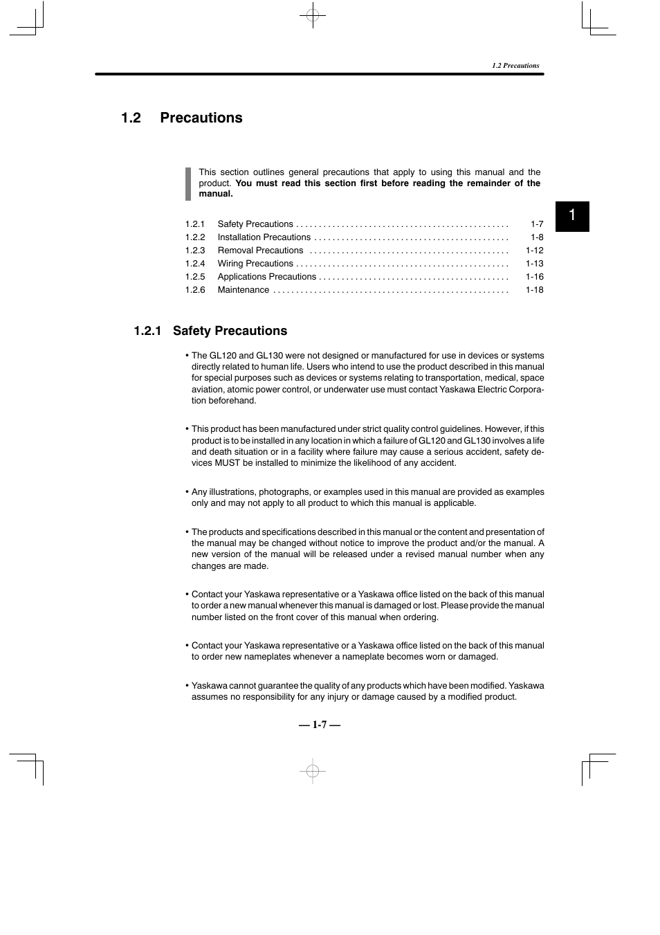2 precautions, 1 safety precautions | Yaskawa MEMOCON GL120 User Manual | Page 12 / 495