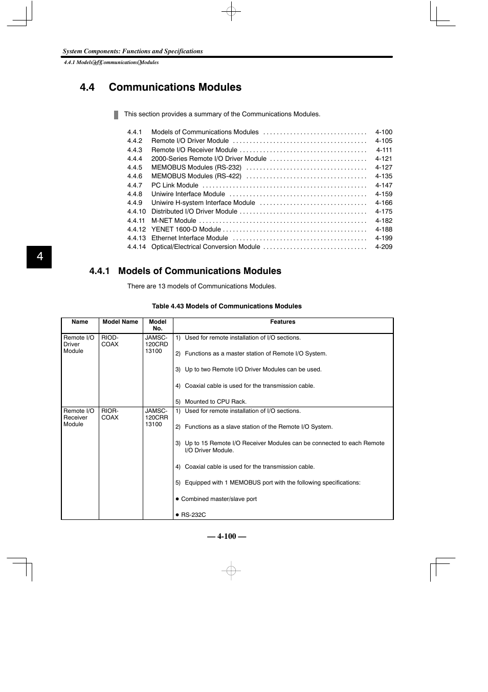 4 communications modules, 1 models of communications modules | Yaskawa MEMOCON GL120 User Manual | Page 156 / 495