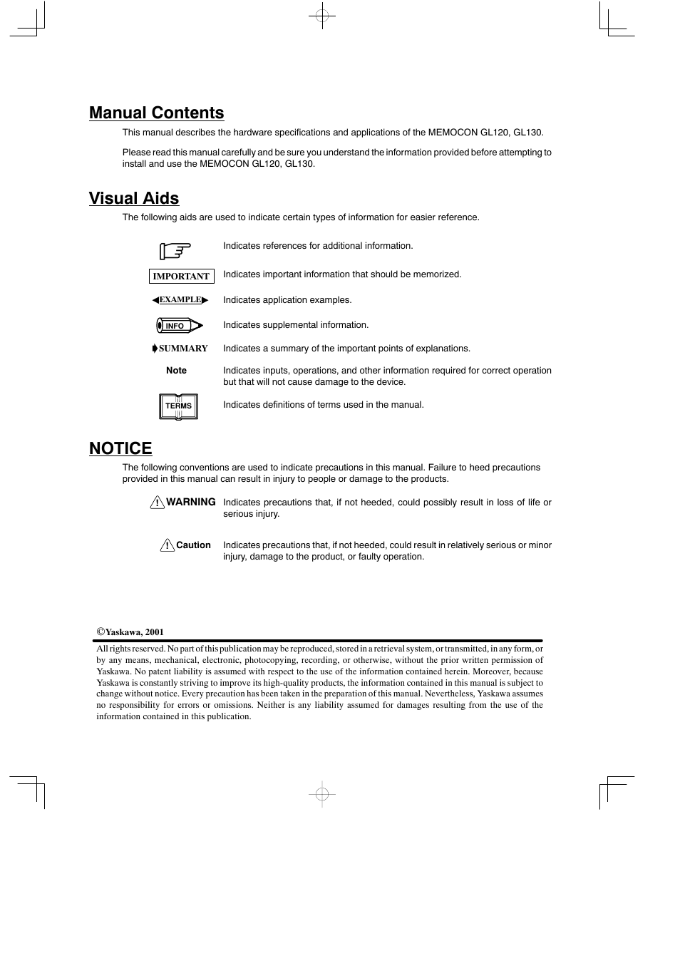 Manual contents, Visual aids, Notice | Yaskawa MEMOCON GL120 User Manual | Page 2 / 495