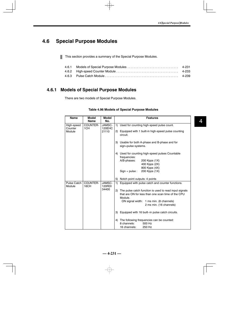 6 special purpose modules, 1 models of special purpose modules | Yaskawa MEMOCON GL120 User Manual | Page 287 / 495