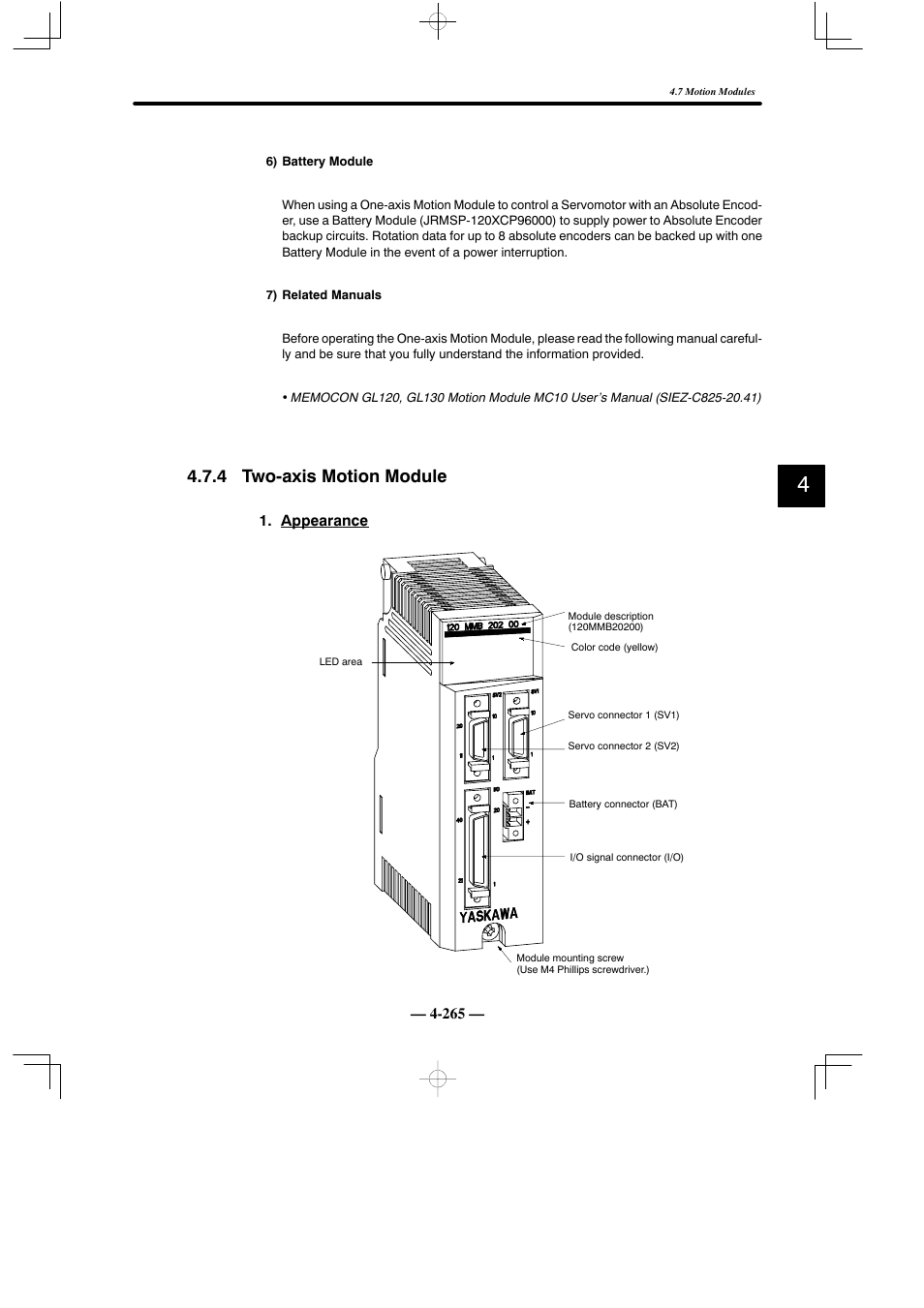 4 two-axis motion module | Yaskawa MEMOCON GL120 User Manual | Page 321 / 495