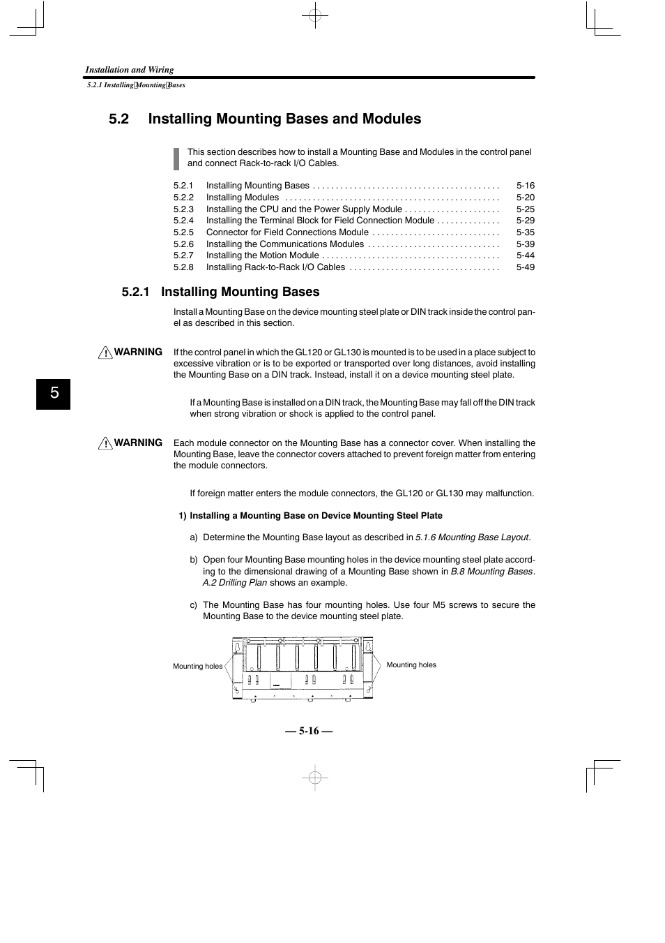 2 installing mounting bases and modules, 1 installing mounting bases | Yaskawa MEMOCON GL120 User Manual | Page 373 / 495