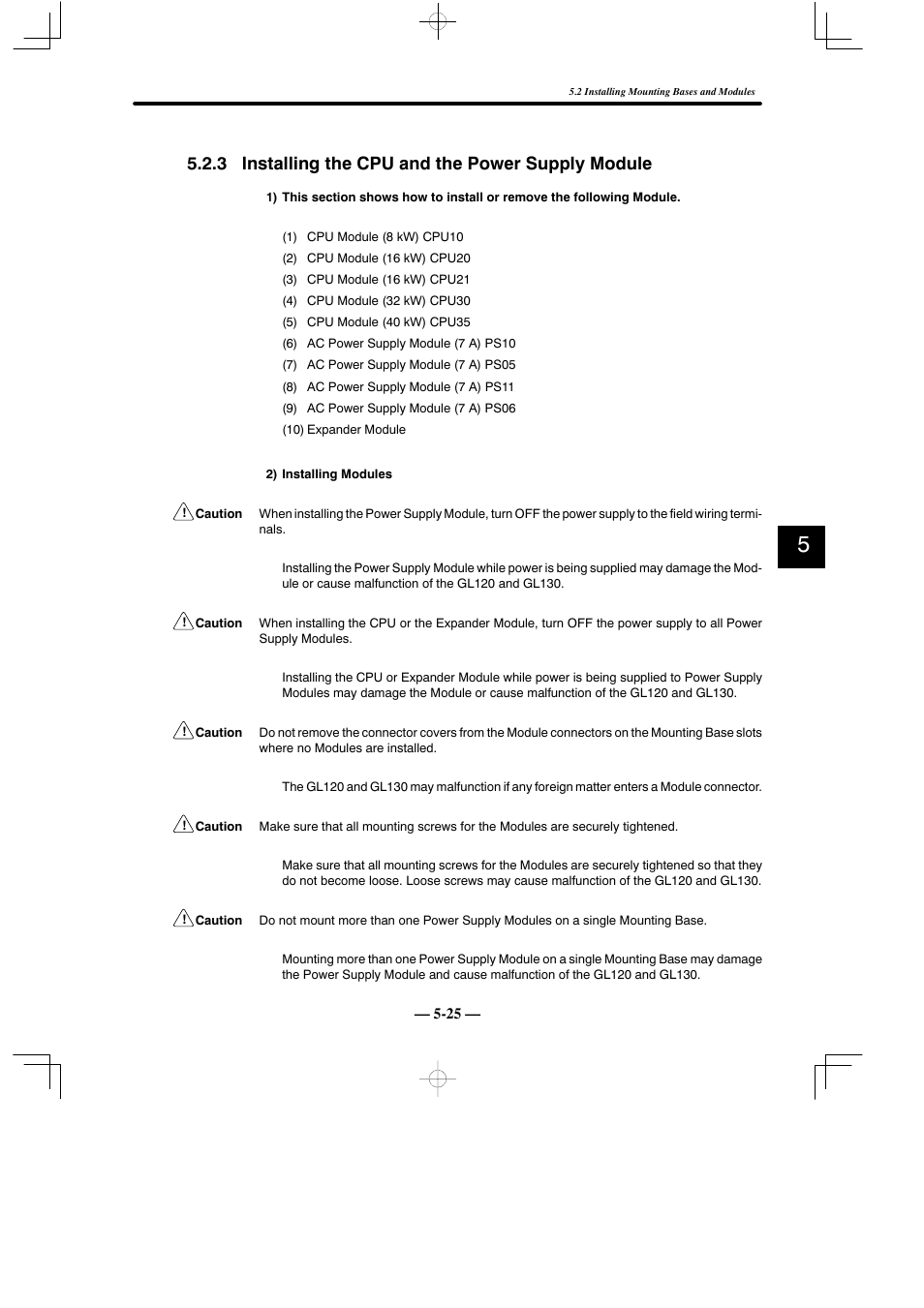 3 installing the cpu and the power supply module | Yaskawa MEMOCON GL120 User Manual | Page 382 / 495