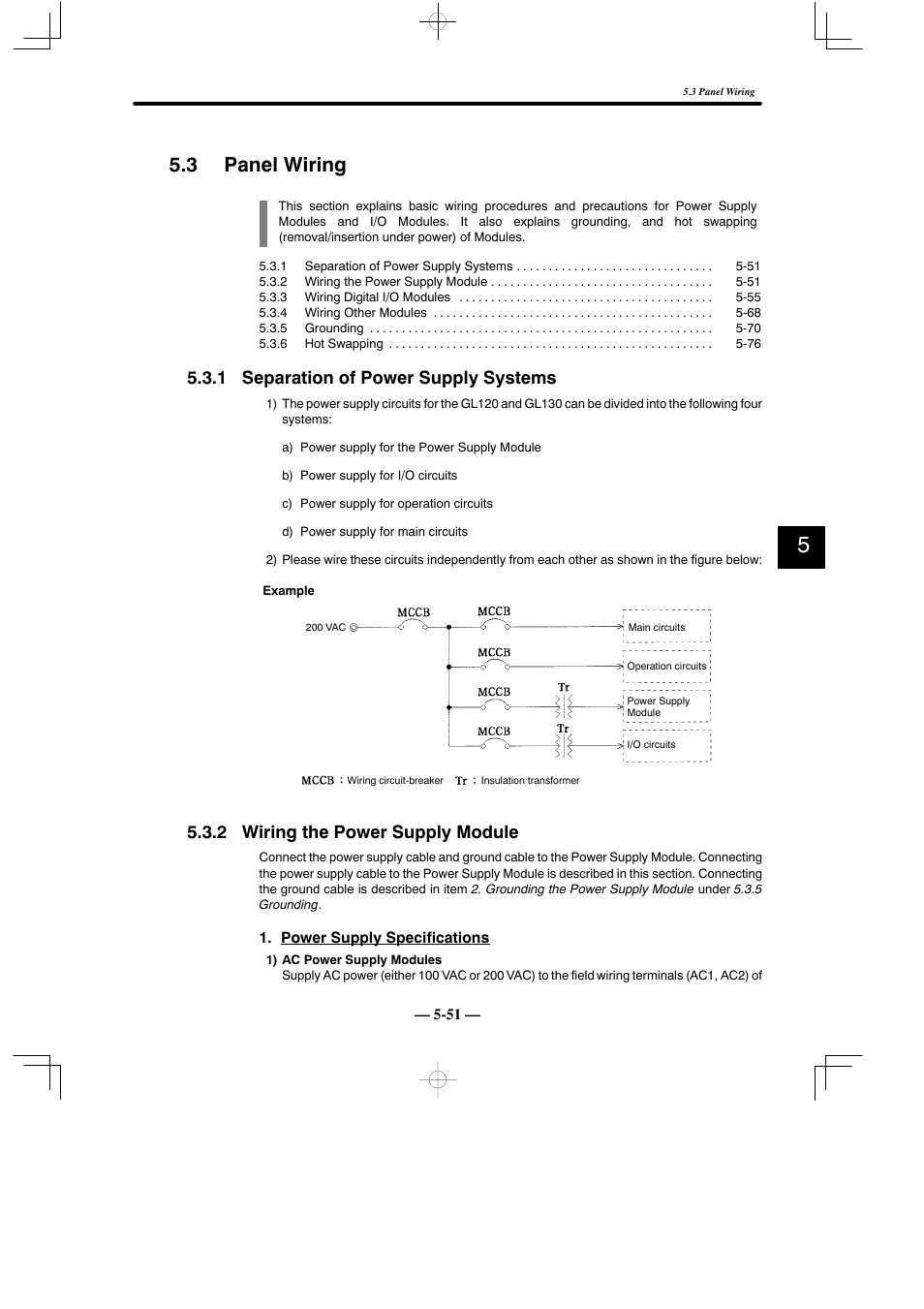 3 panel wiring, 1 separation of power supply systems, 2 wiring the power supply module | Yaskawa MEMOCON GL120 User Manual | Page 408 / 495