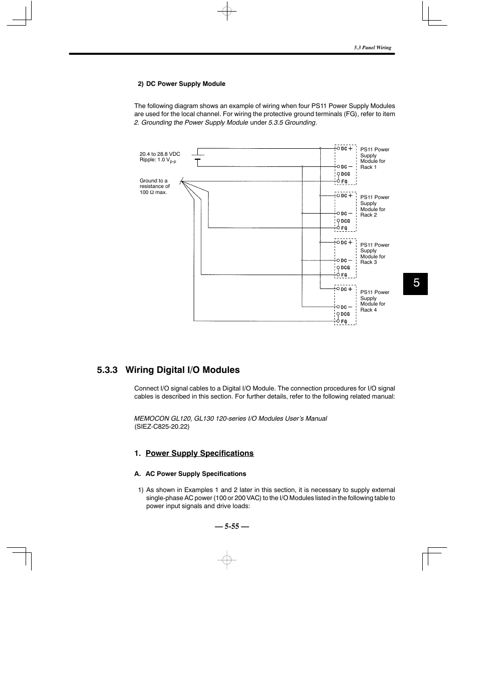 3 wiring digital i/o modules, Power supply specifications | Yaskawa MEMOCON GL120 User Manual | Page 412 / 495