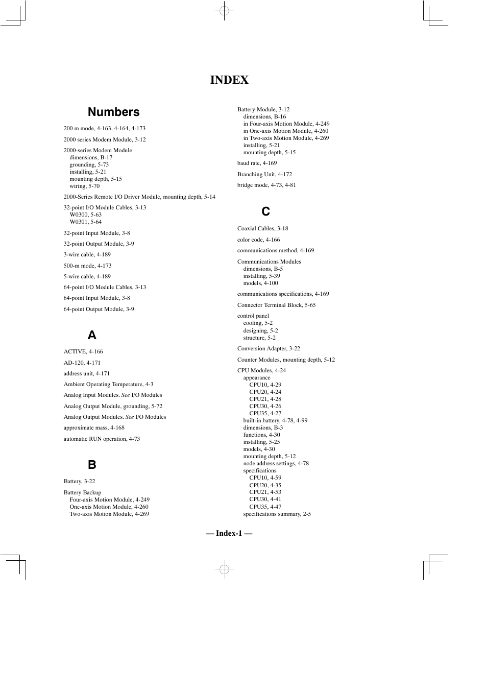 Index, Numbers, Index numbers | Yaskawa MEMOCON GL120 User Manual | Page 487 / 495