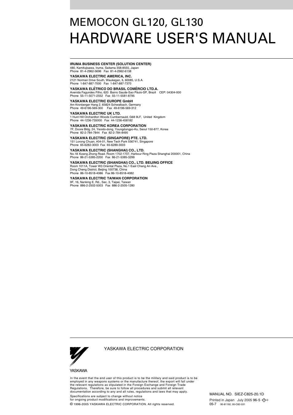 Back cover, Hardware user's manual | Yaskawa MEMOCON GL120 User Manual | Page 495 / 495