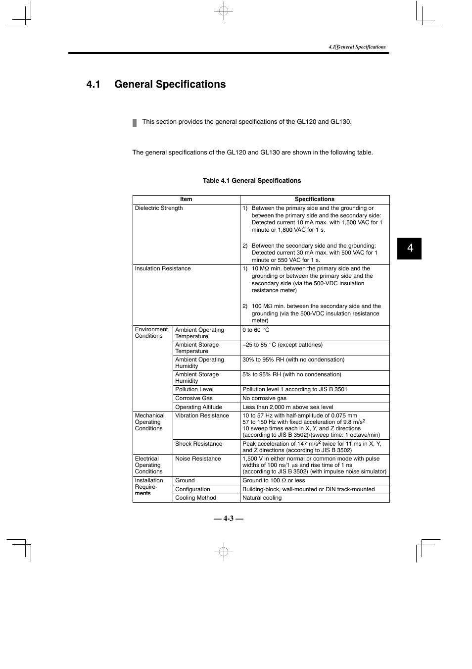 1 general specifications | Yaskawa MEMOCON GL120 User Manual | Page 59 / 495