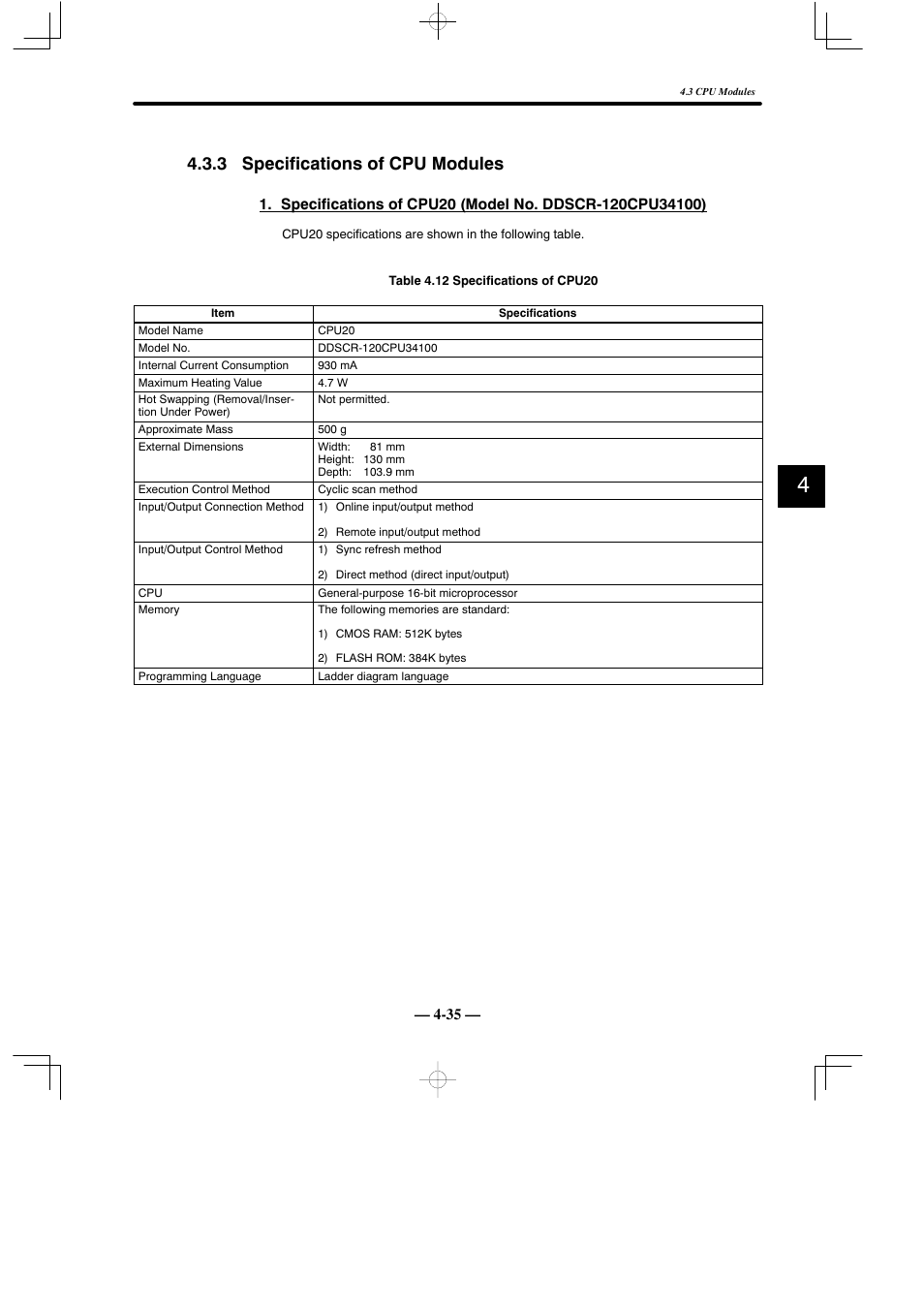 3 specifications of cpu modules | Yaskawa MEMOCON GL120 User Manual | Page 91 / 495