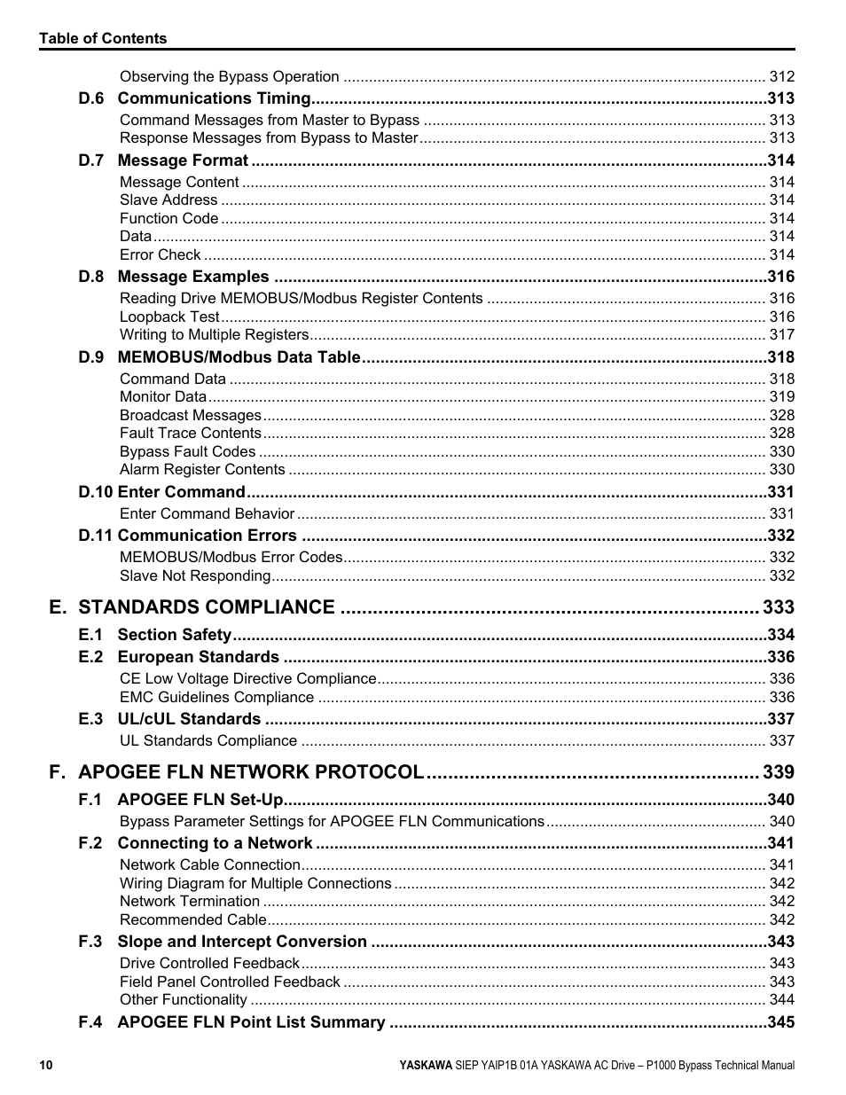 E. standards compliance, F. apogee fln network protocol | Yaskawa AC Drive P1000 Bypass Technical Manual User Manual | Page 10 / 392