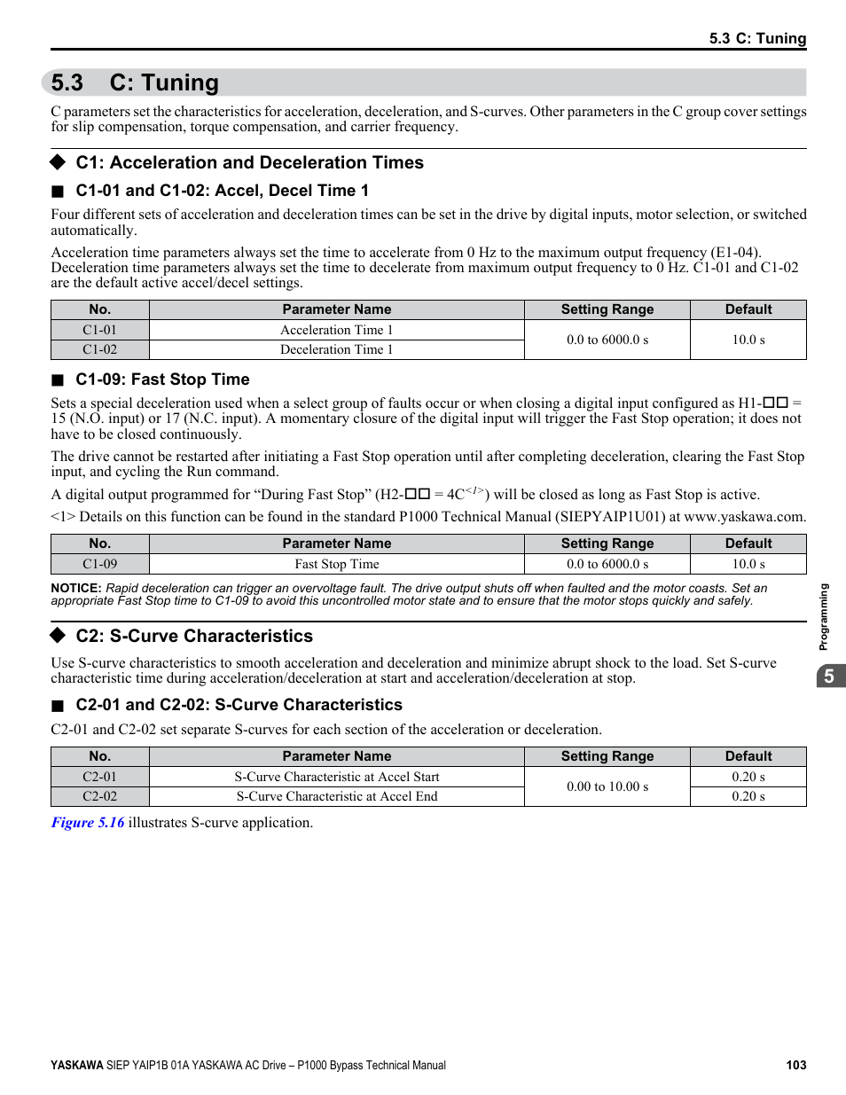 C: tuning, C1: acceleration and deceleration times, 3 c: tuning | C2: s-curve characteristics | Yaskawa AC Drive P1000 Bypass Technical Manual User Manual | Page 103 / 392