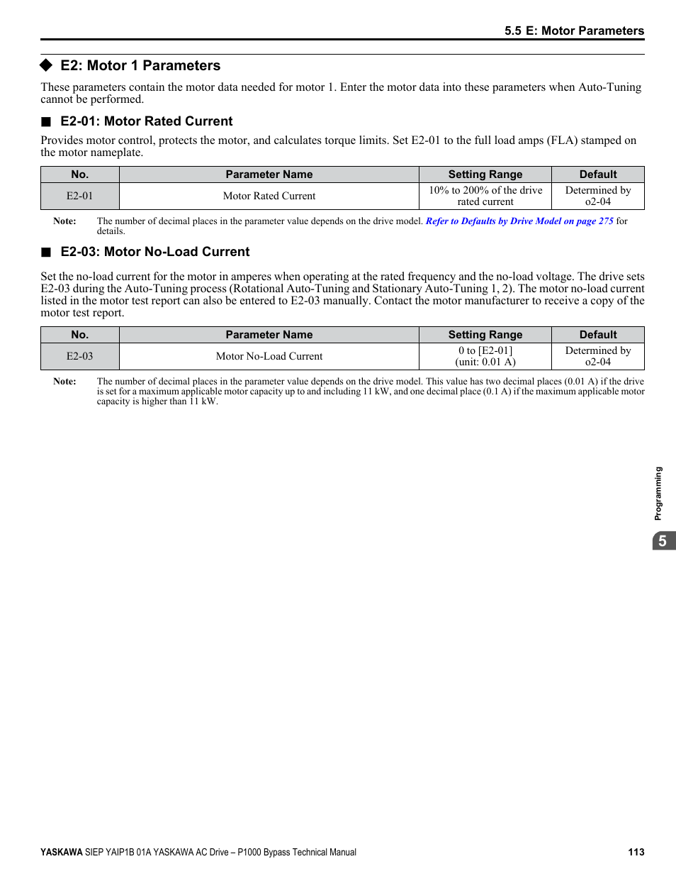 E2: motor 1 parameters | Yaskawa AC Drive P1000 Bypass Technical Manual User Manual | Page 113 / 392