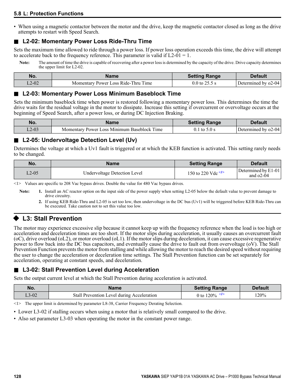 L3: stall prevention | Yaskawa AC Drive P1000 Bypass Technical Manual User Manual | Page 128 / 392