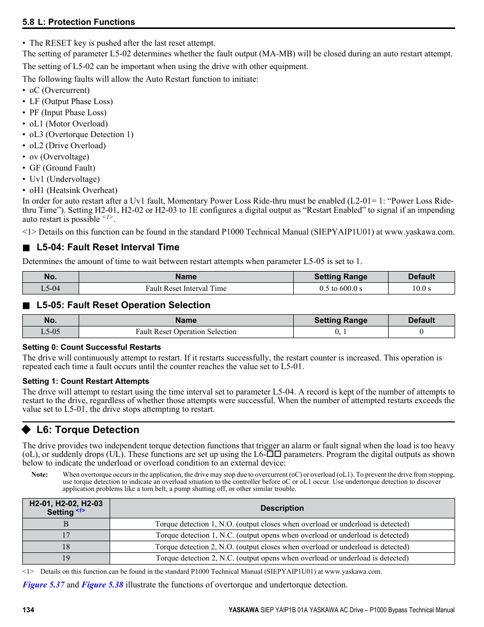 L6: torque detection, For details on torque detection | Yaskawa AC Drive P1000 Bypass Technical Manual User Manual | Page 134 / 392