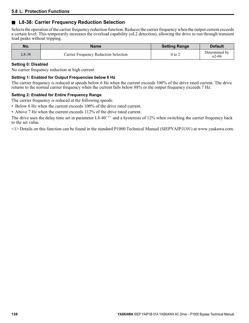 Yaskawa AC Drive P1000 Bypass Technical Manual User Manual | Page 138 / 392