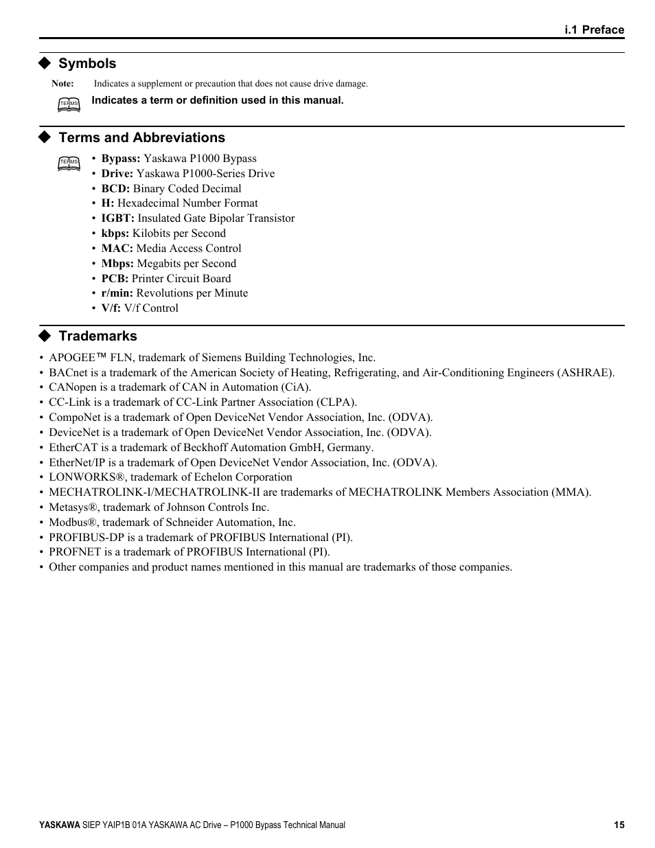 Symbols, Terms and abbreviations, Trademarks | Yaskawa AC Drive P1000 Bypass Technical Manual User Manual | Page 15 / 392
