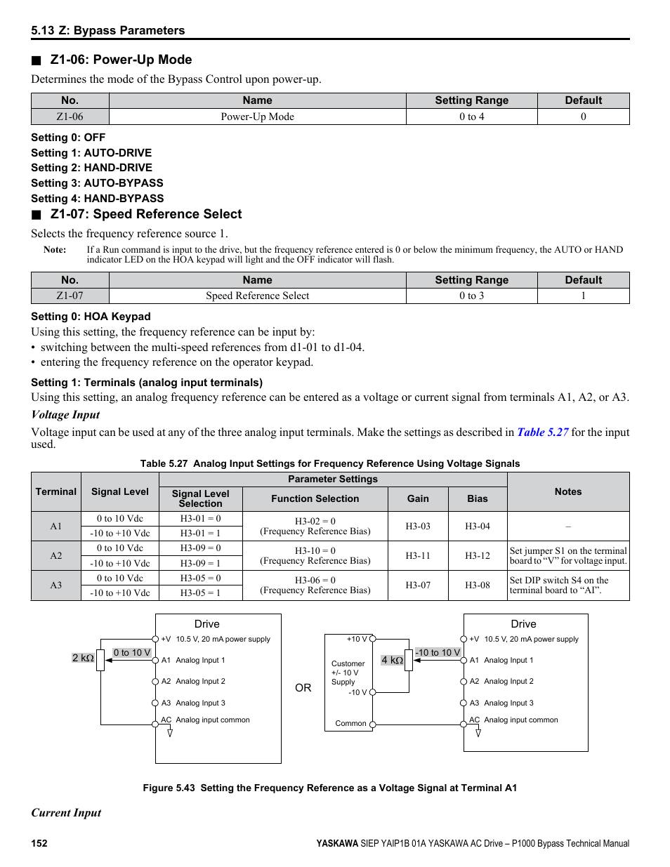 Z1-06: power-up mode, Z1-07: speed reference select | Yaskawa AC Drive P1000 Bypass Technical Manual User Manual | Page 152 / 392