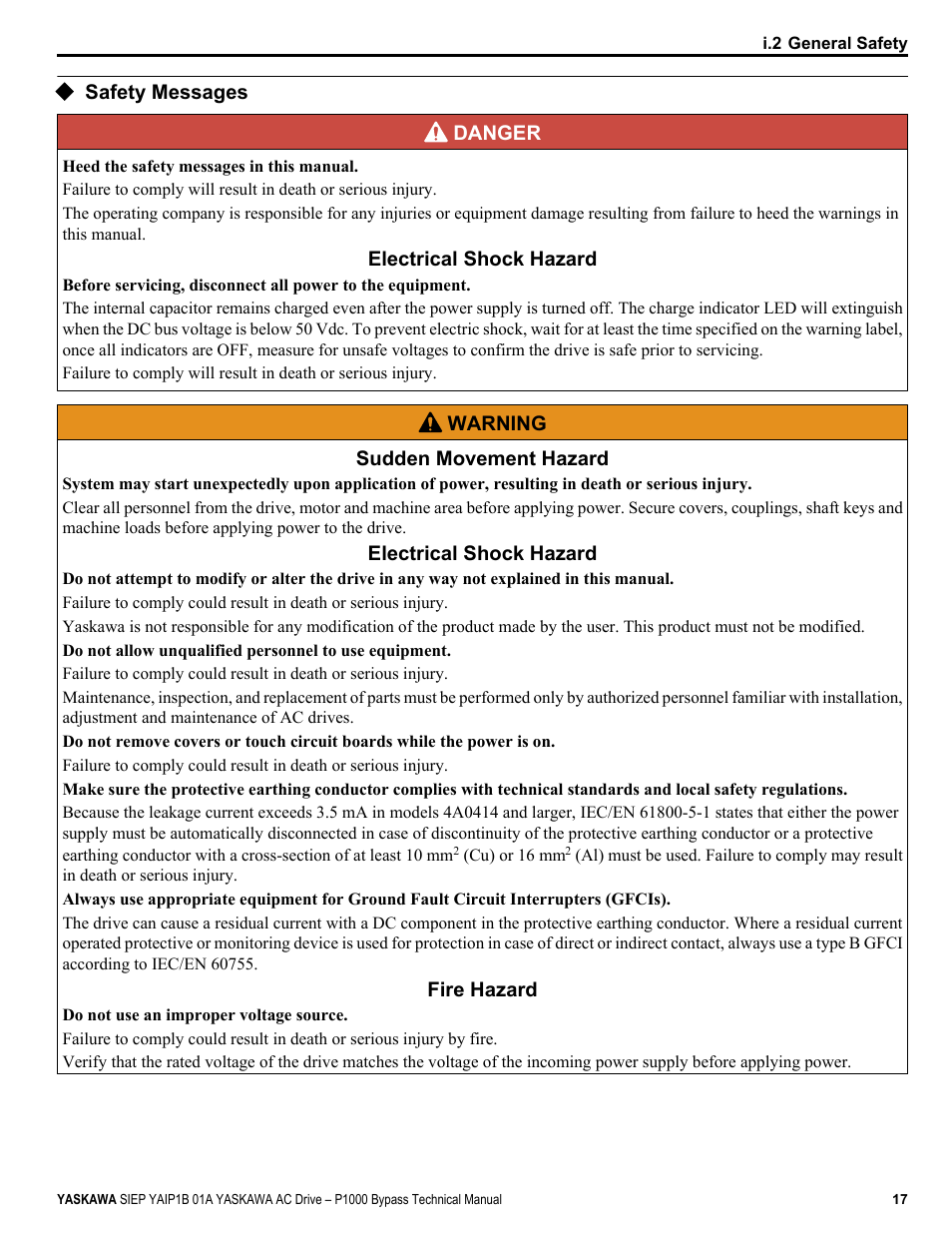 Safety messages | Yaskawa AC Drive P1000 Bypass Technical Manual User Manual | Page 17 / 392