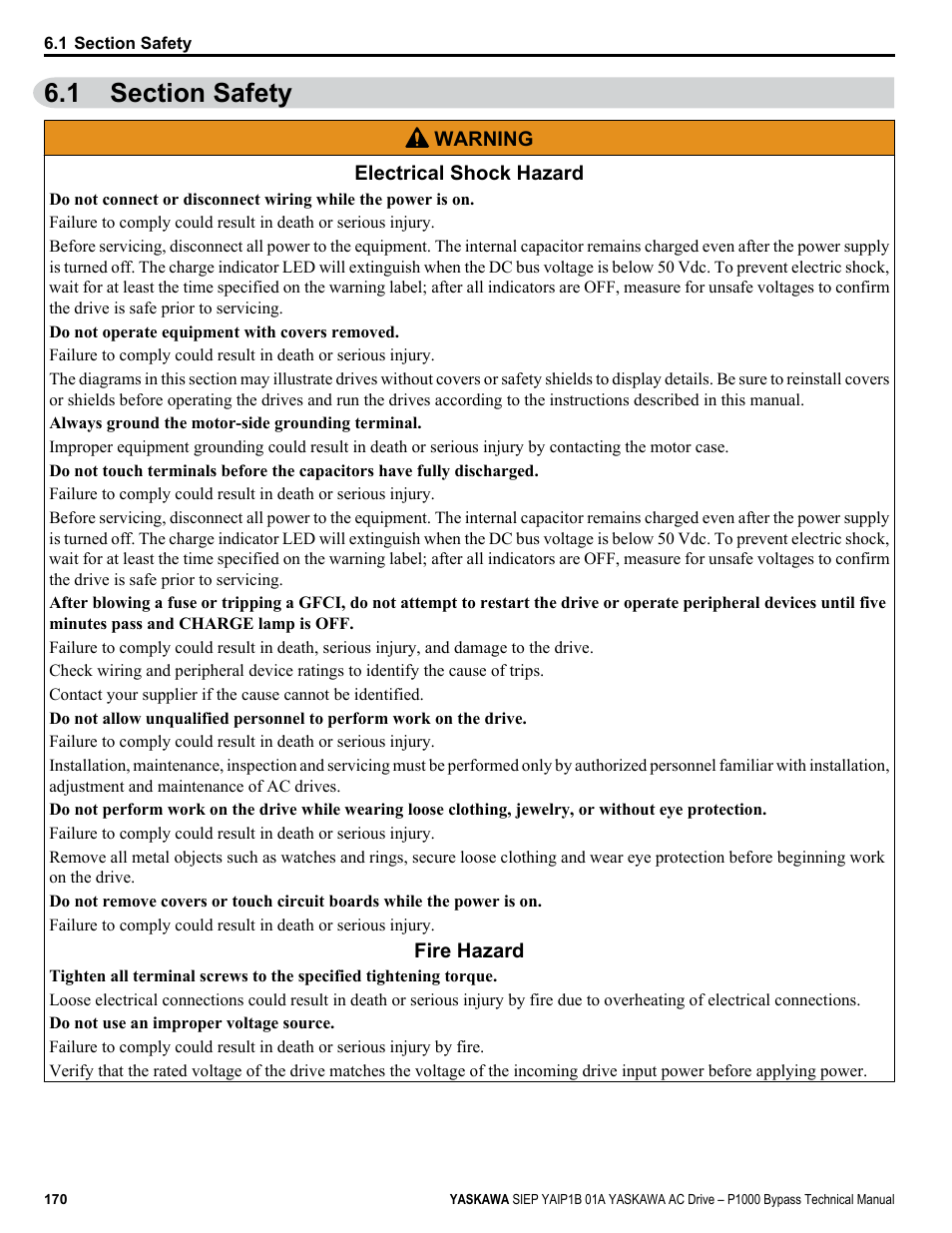 Section safety, 1 section safety | Yaskawa AC Drive P1000 Bypass Technical Manual User Manual | Page 170 / 392