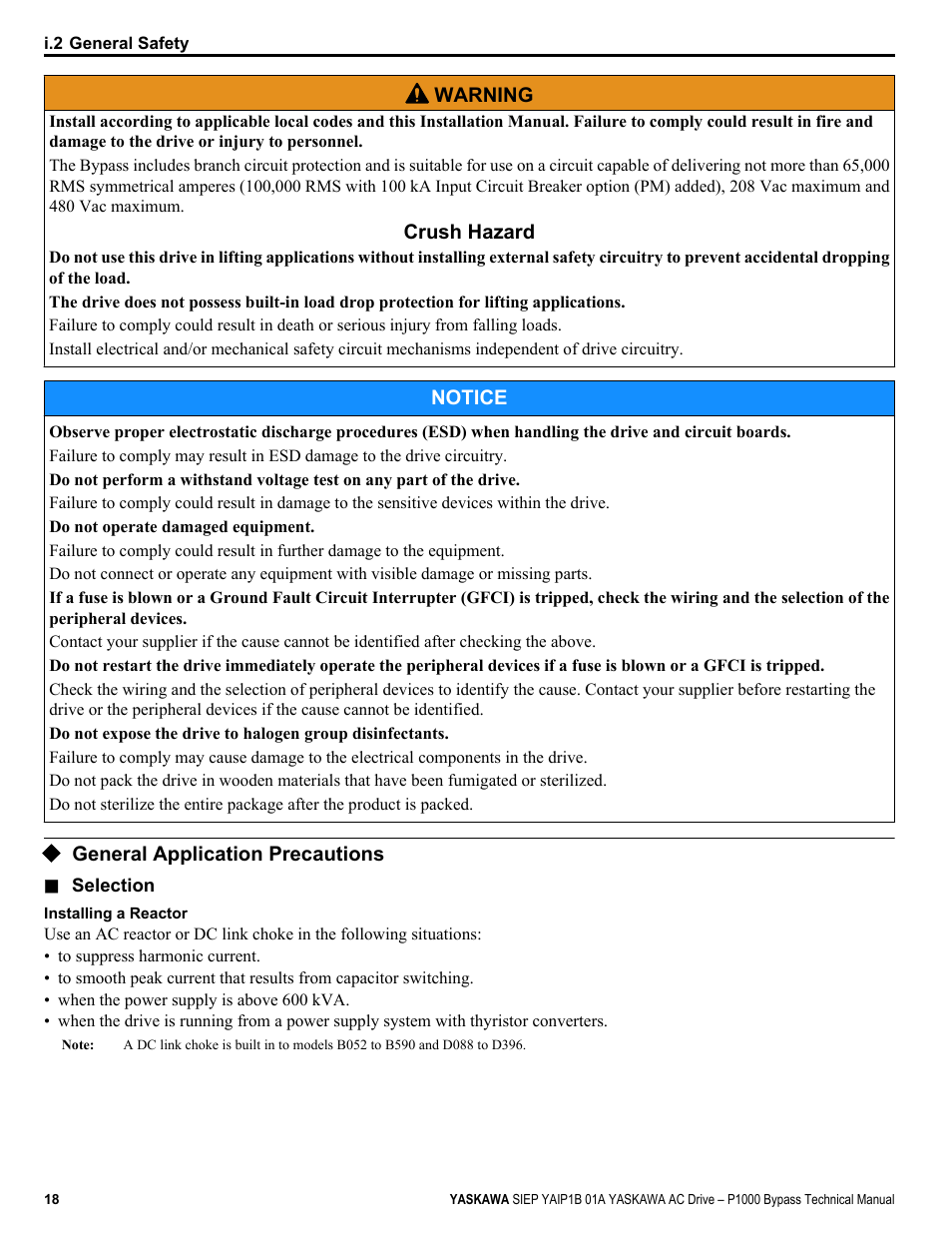 General application precautions | Yaskawa AC Drive P1000 Bypass Technical Manual User Manual | Page 18 / 392