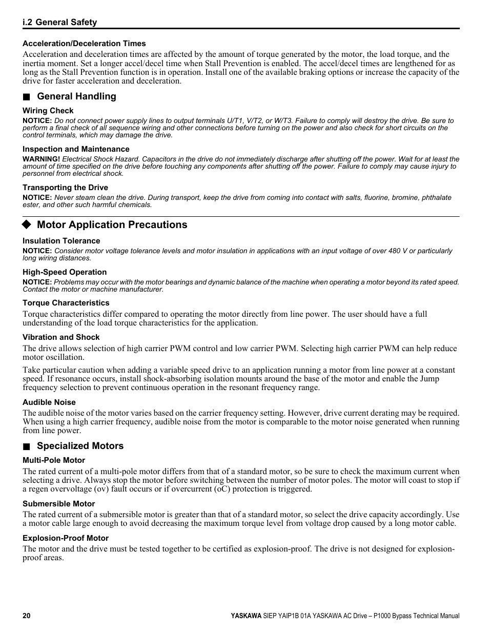 Motor application precautions | Yaskawa AC Drive P1000 Bypass Technical Manual User Manual | Page 20 / 392
