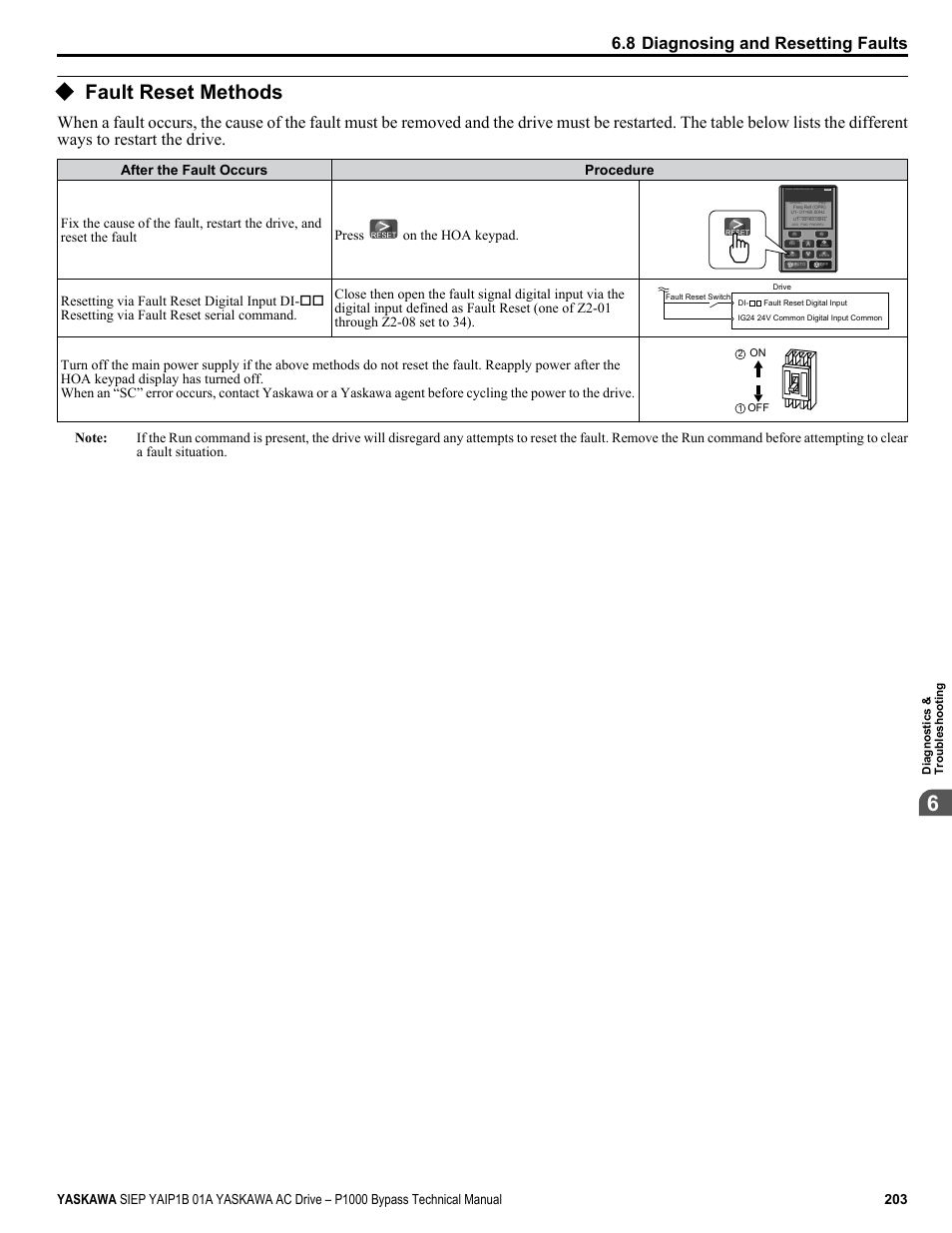 Fault reset methods, Reset the fault, 8 diagnosing and resetting faults | Digital operator jvop-183 | Yaskawa AC Drive P1000 Bypass Technical Manual User Manual | Page 203 / 392