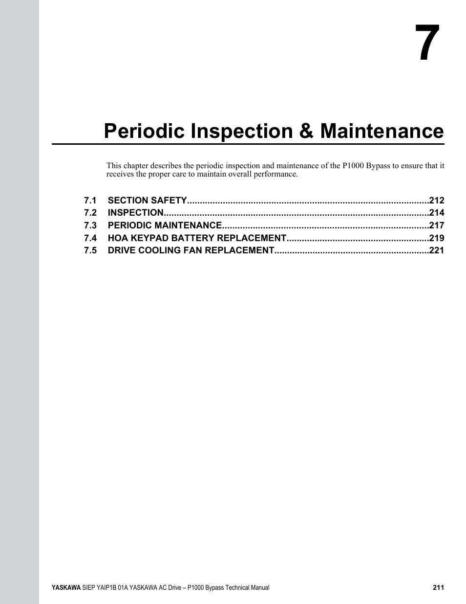 Periodic inspection & maintenance | Yaskawa AC Drive P1000 Bypass Technical Manual User Manual | Page 211 / 392