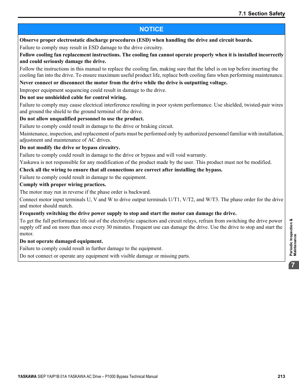 Notice | Yaskawa AC Drive P1000 Bypass Technical Manual User Manual | Page 213 / 392