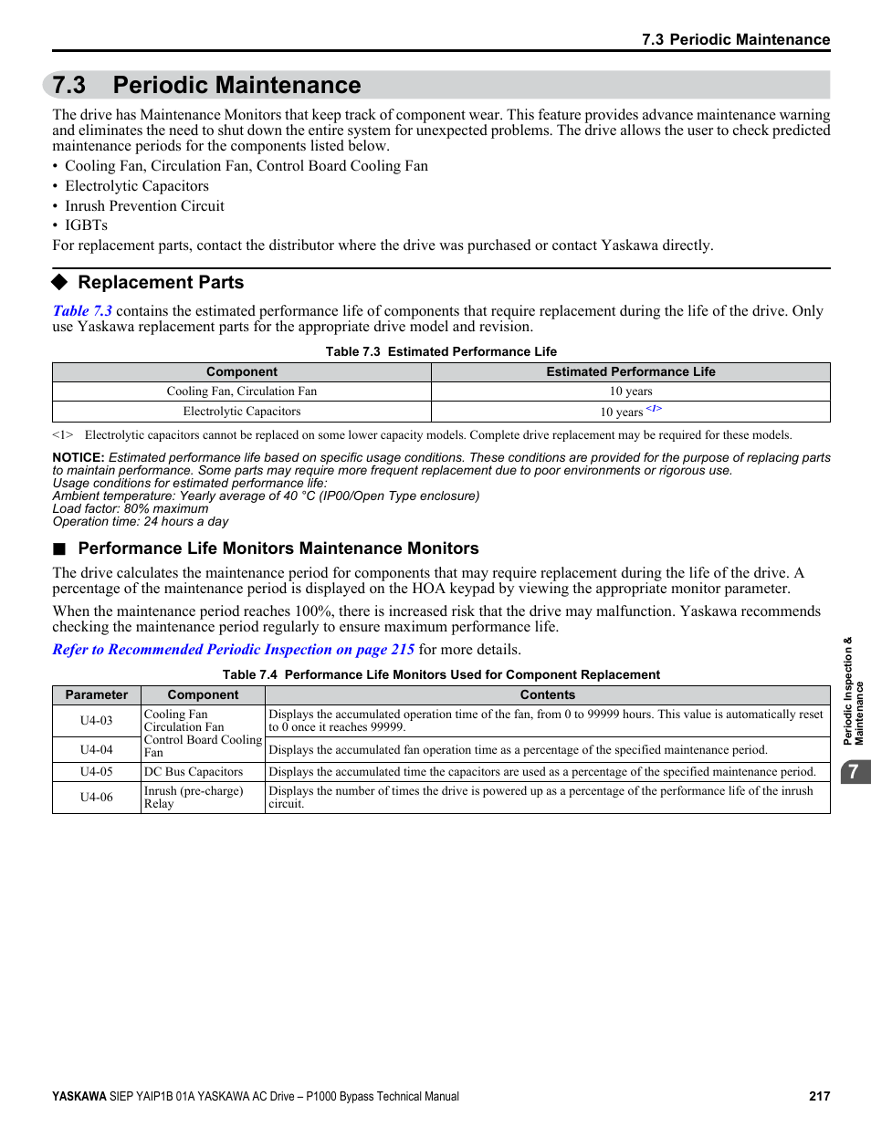 Periodic maintenance, Replacement parts, 3 periodic maintenance | Yaskawa AC Drive P1000 Bypass Technical Manual User Manual | Page 217 / 392
