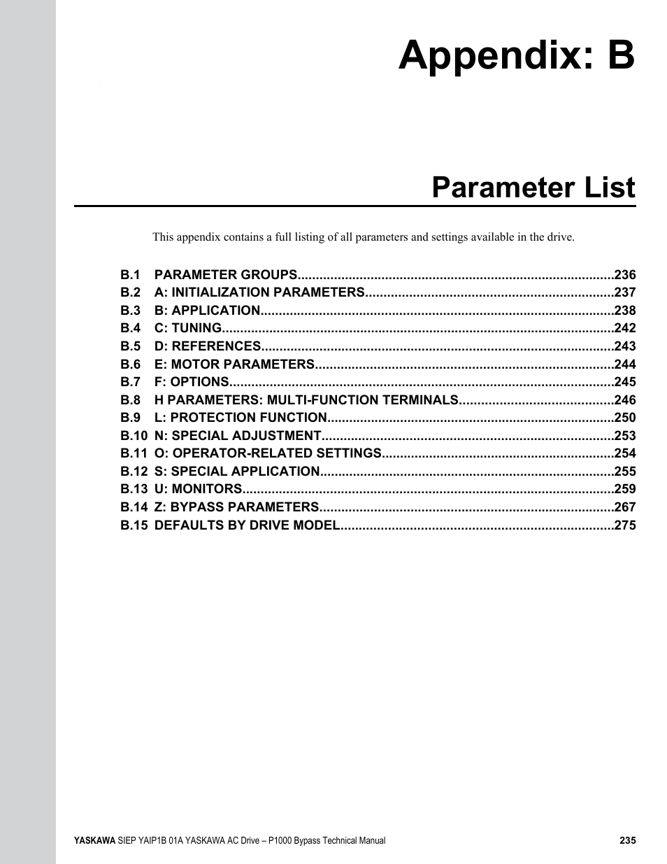 Parameter list, B. parameter list, Menu | Refer to parameter, Appendix: b | Yaskawa AC Drive P1000 Bypass Technical Manual User Manual | Page 235 / 392
