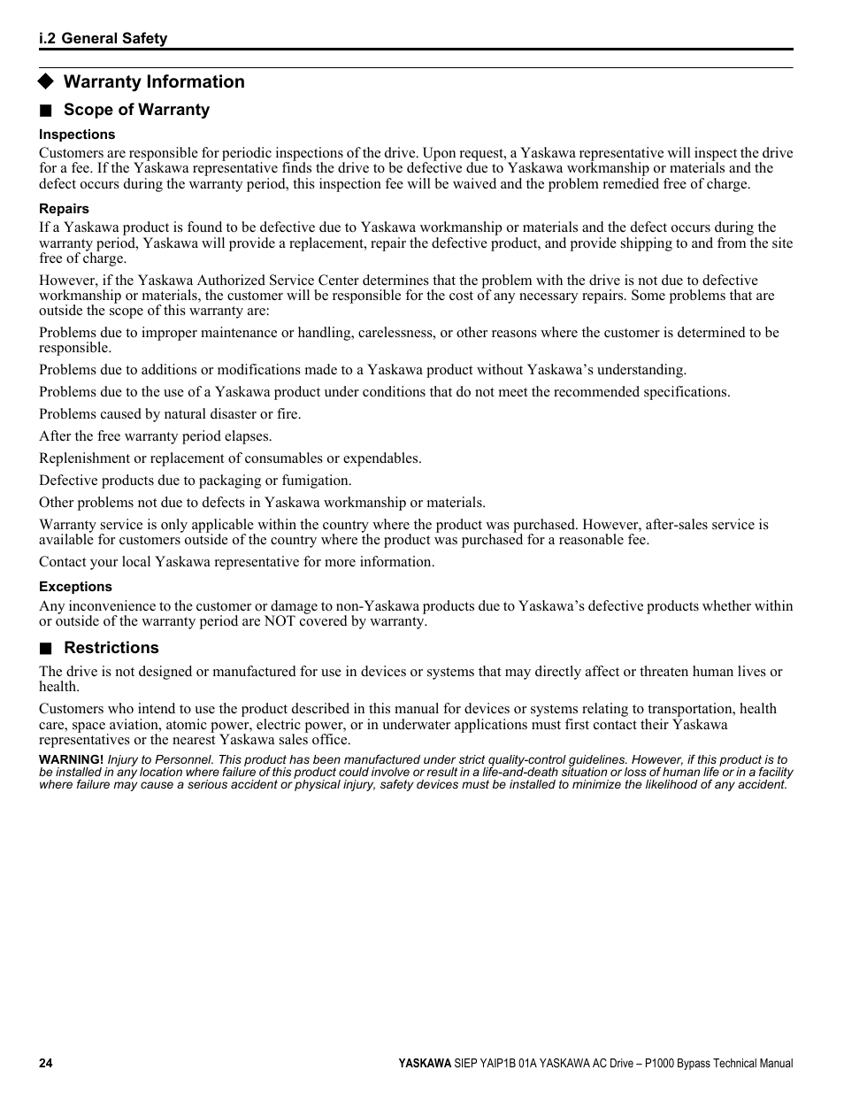 Warranty, Warranty information | Yaskawa AC Drive P1000 Bypass Technical Manual User Manual | Page 24 / 392