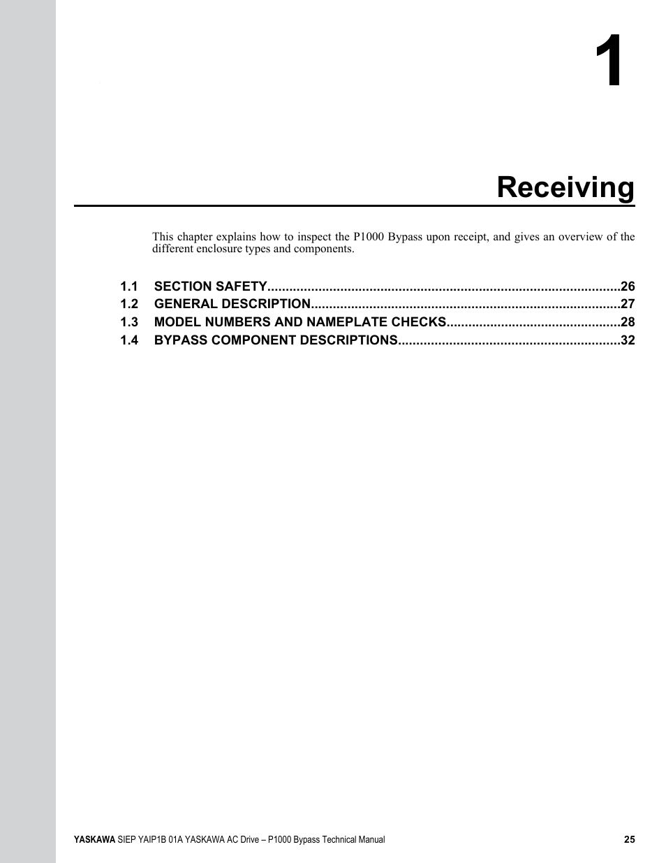 Receiving | Yaskawa AC Drive P1000 Bypass Technical Manual User Manual | Page 25 / 392