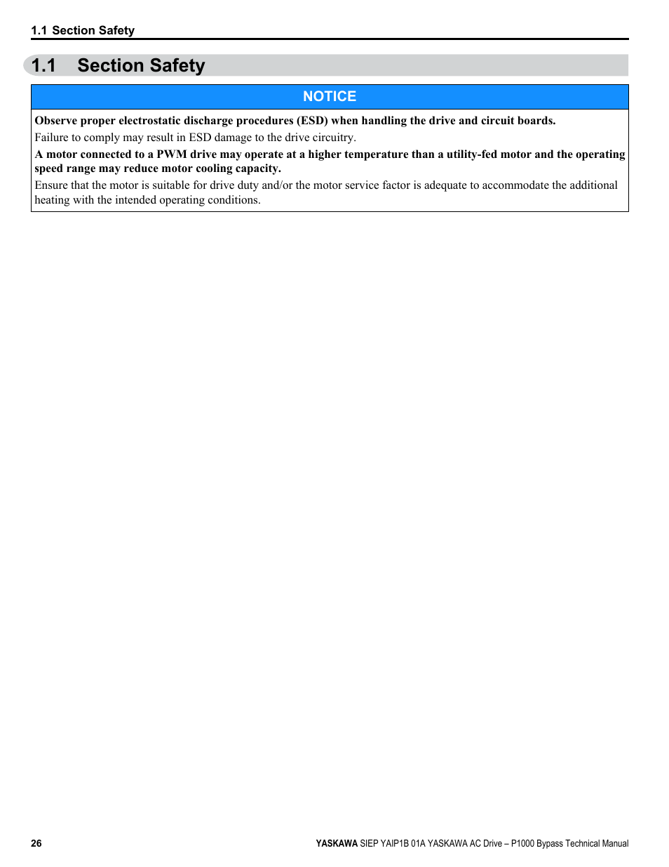 Section safety, 1 section safety | Yaskawa AC Drive P1000 Bypass Technical Manual User Manual | Page 26 / 392