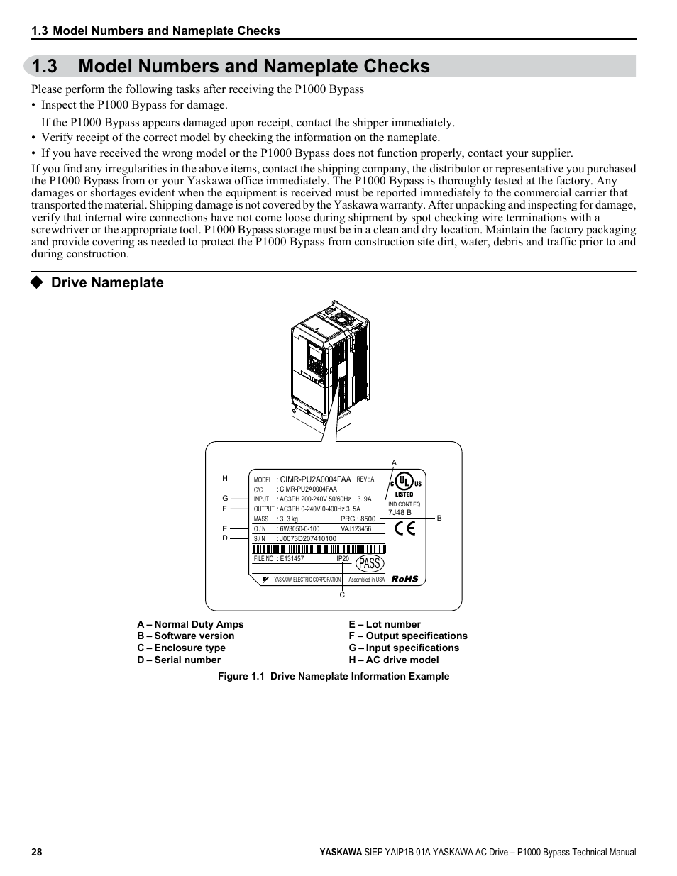 Model numbers and nameplate checks, Drive nameplate, 3 model numbers and nameplate checks | Pass | Yaskawa AC Drive P1000 Bypass Technical Manual User Manual | Page 28 / 392