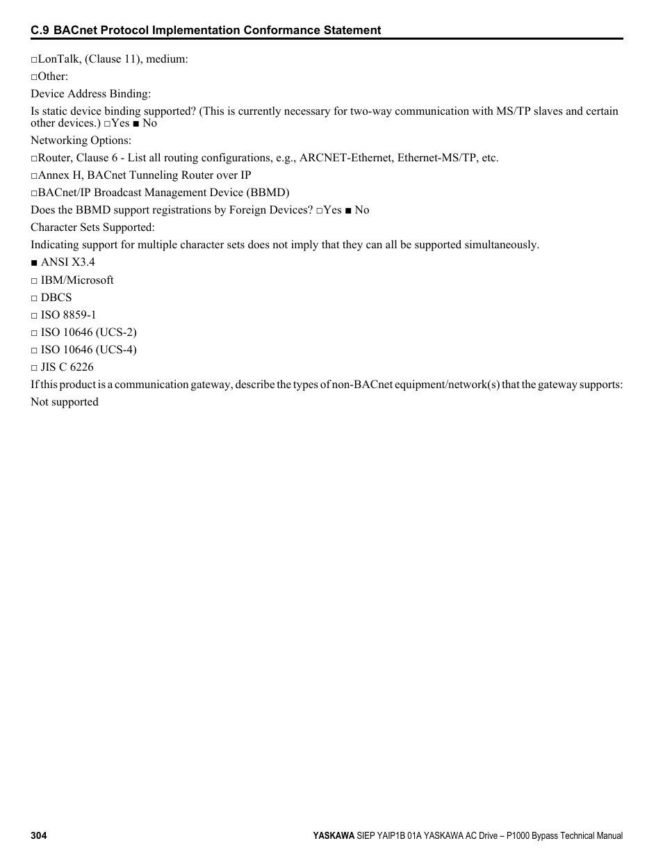Yaskawa AC Drive P1000 Bypass Technical Manual User Manual | Page 304 / 392