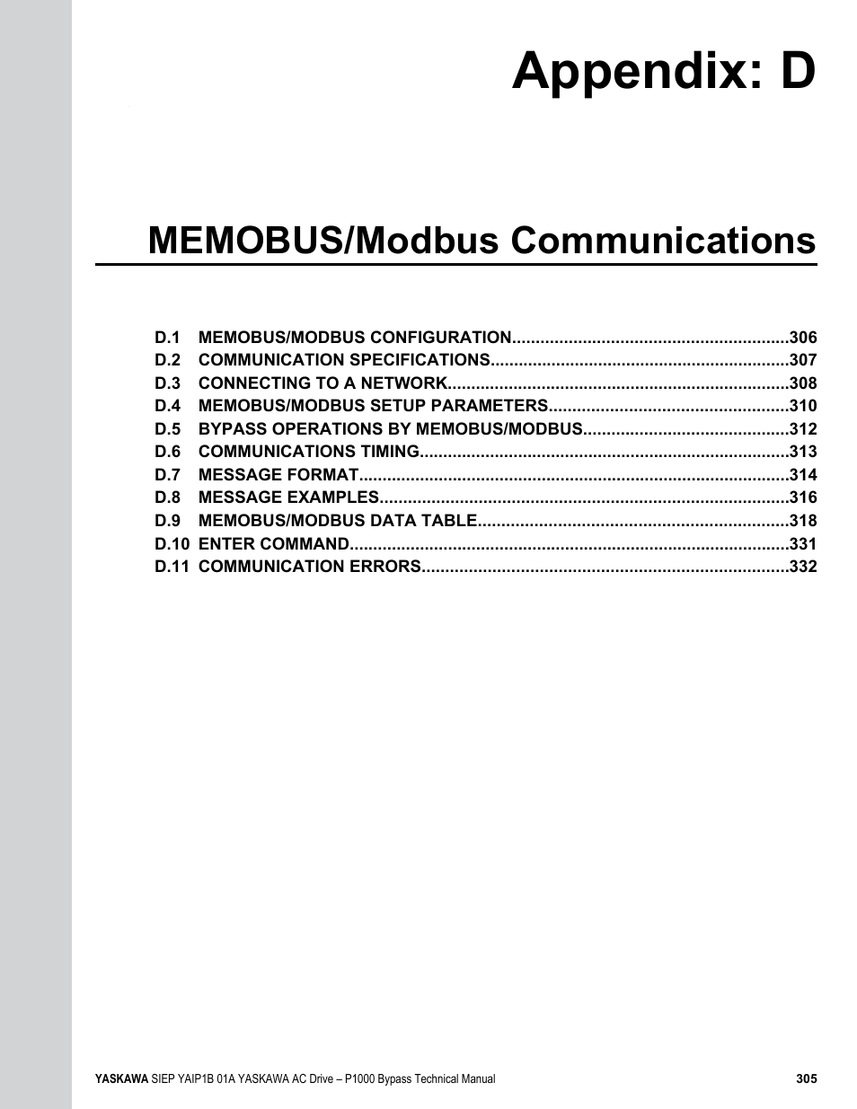 Memobus/modbus communications, D. memobus/modbus communications, Appendix: d | Yaskawa AC Drive P1000 Bypass Technical Manual User Manual | Page 305 / 392