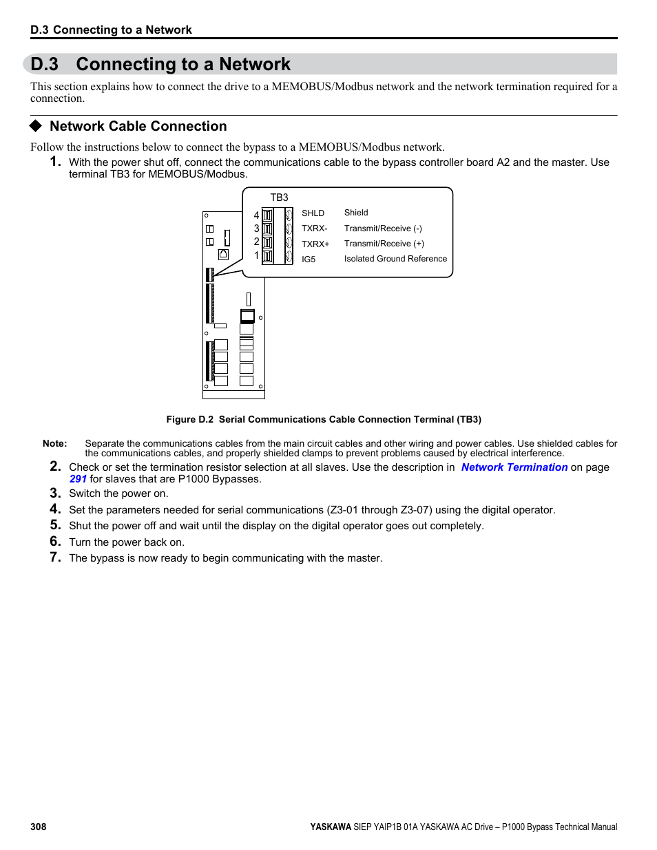 Connecting to a network, Network cable connection, D.3 connecting to a network | Yaskawa AC Drive P1000 Bypass Technical Manual User Manual | Page 308 / 392
