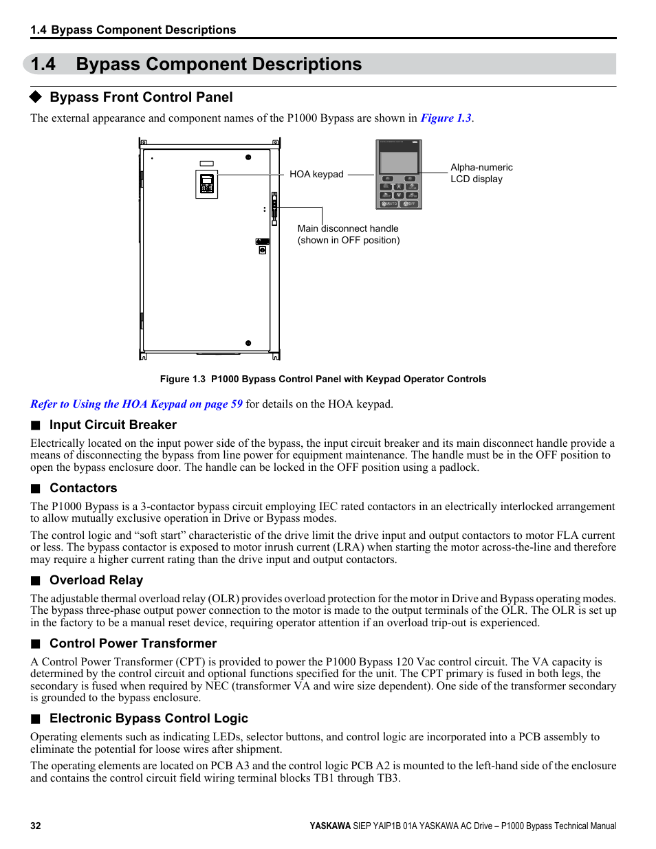 Bypass component descriptions, Bypass front control panel, 4 bypass component descriptions | Input circuit breaker, Contactors, Overload relay, Control power transformer, Electronic bypass control logic | Yaskawa AC Drive P1000 Bypass Technical Manual User Manual | Page 32 / 392