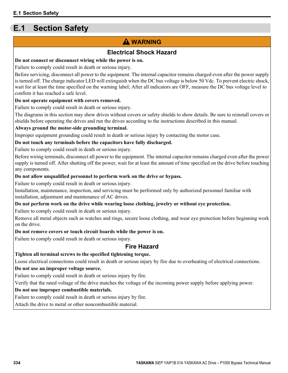 Section safety, E.1 section safety | Yaskawa AC Drive P1000 Bypass Technical Manual User Manual | Page 334 / 392