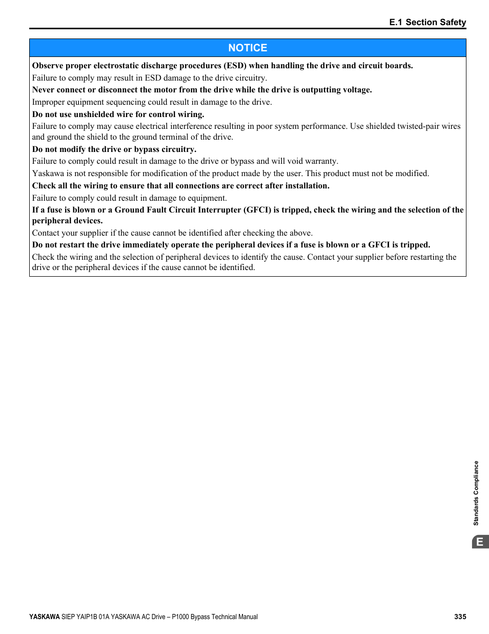 Notice | Yaskawa AC Drive P1000 Bypass Technical Manual User Manual | Page 335 / 392