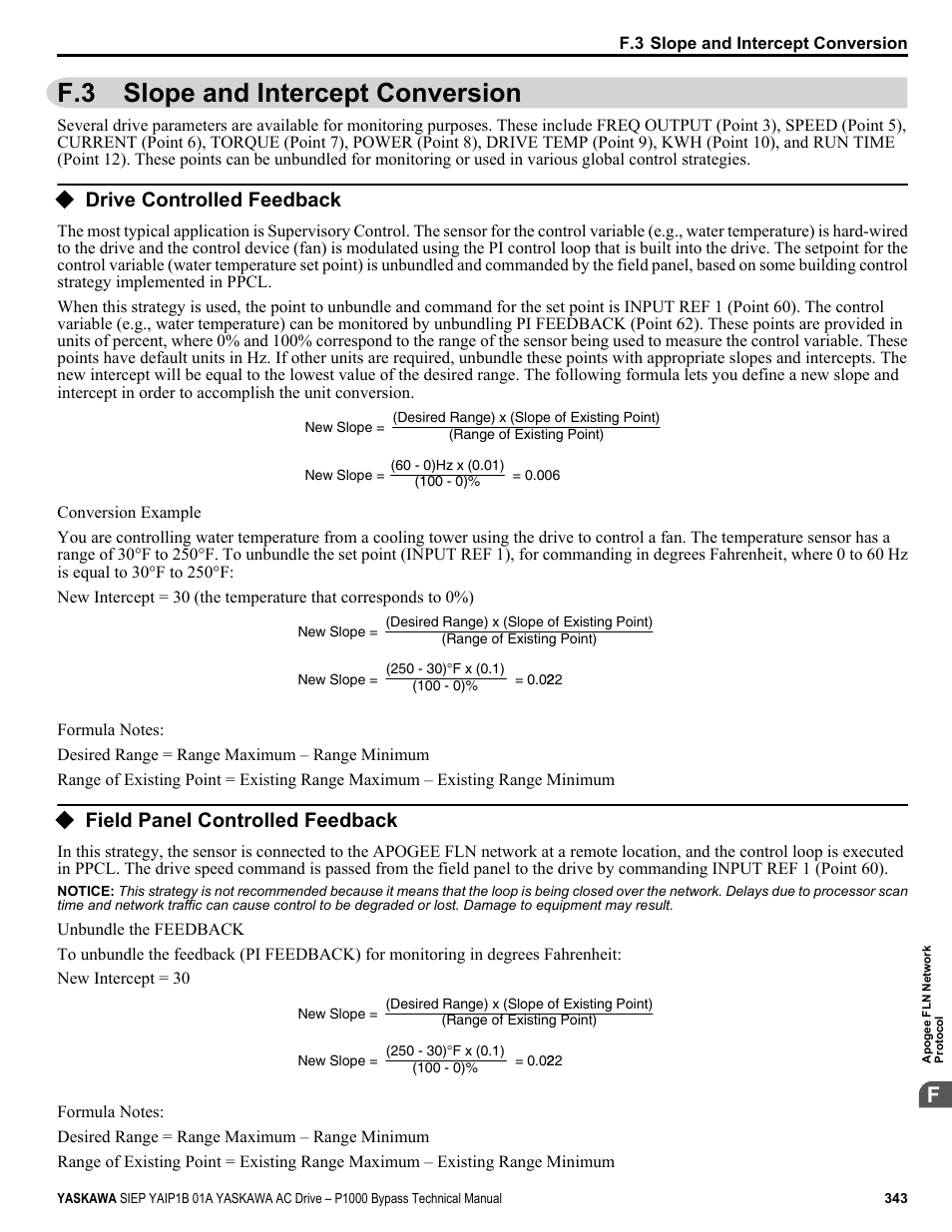 Slope and intercept conversion, Drive controlled feedback, Field panel controlled feedback | F.3 slope and intercept conversion | Yaskawa AC Drive P1000 Bypass Technical Manual User Manual | Page 343 / 392