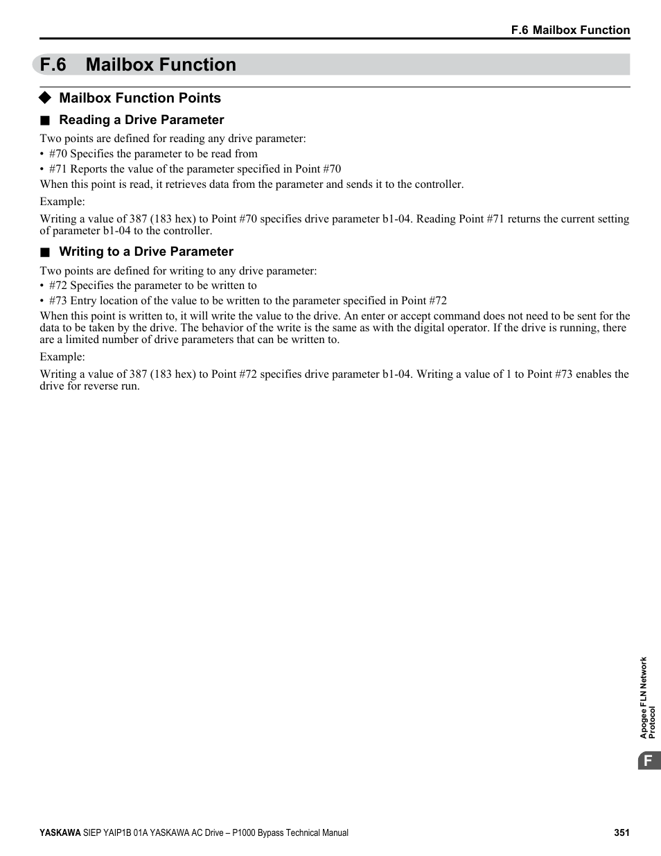 Mailbox function, Mailbox function points, F.6 mailbox function | Yaskawa AC Drive P1000 Bypass Technical Manual User Manual | Page 351 / 392