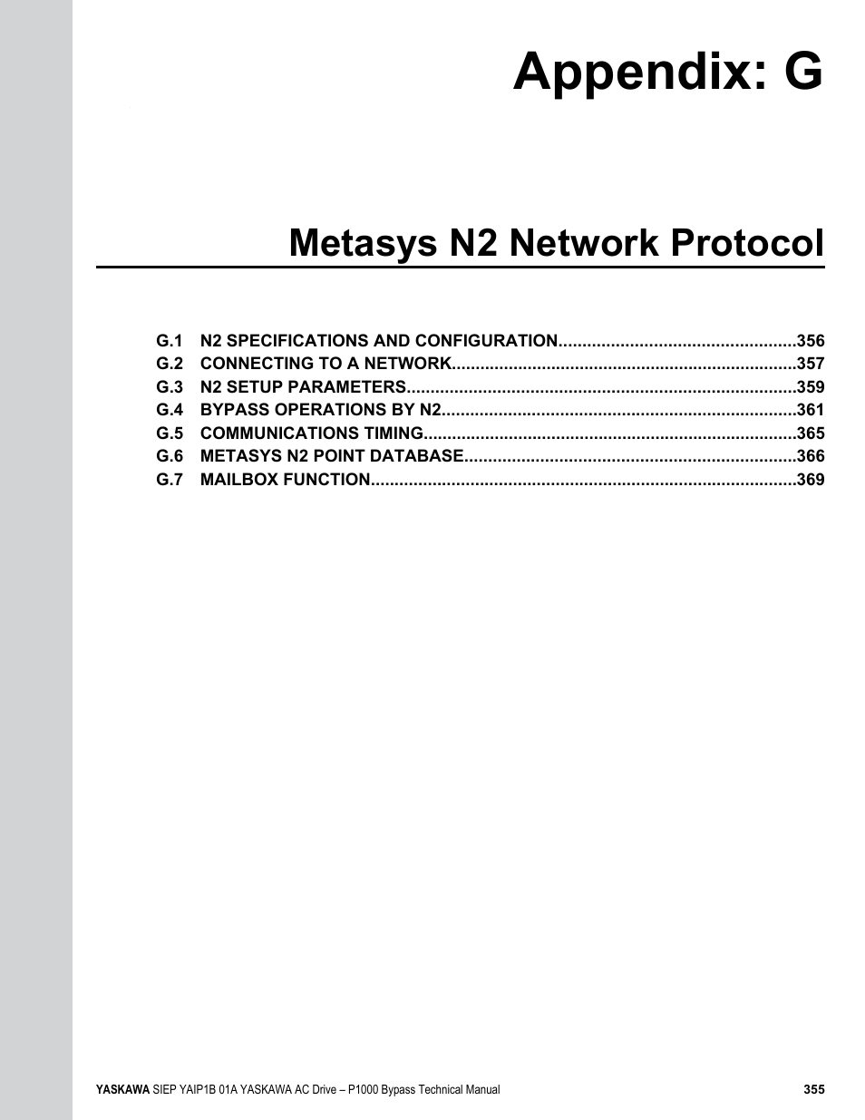 Metasys n2 network protocol, G. metasys n2 network protocol, Appendix: g | Yaskawa AC Drive P1000 Bypass Technical Manual User Manual | Page 355 / 392