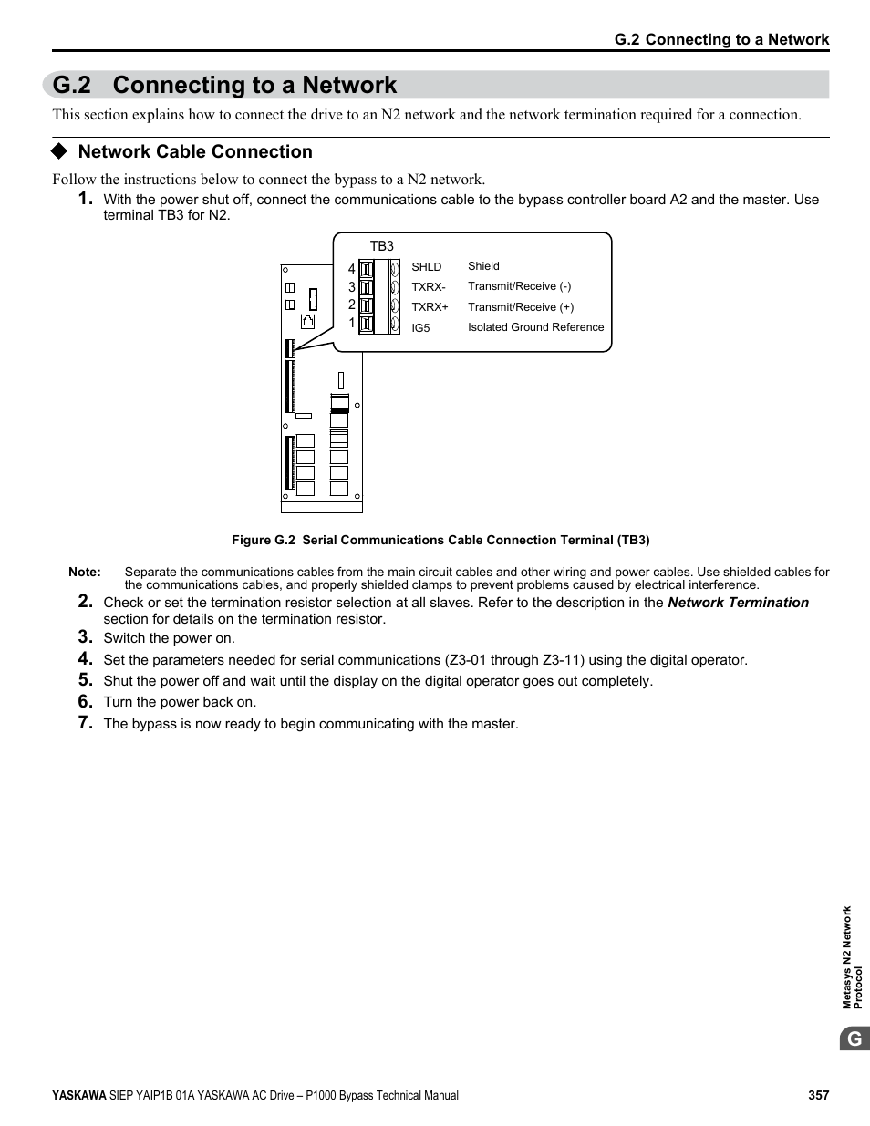 Connecting to a network, Network cable connection, G.2 connecting to a network | Yaskawa AC Drive P1000 Bypass Technical Manual User Manual | Page 357 / 392